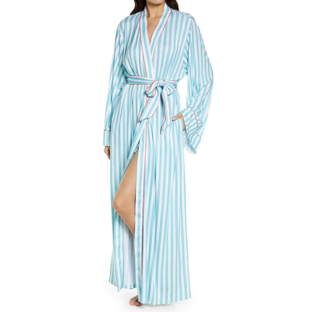 KILO BRAVA Women's Sz 2X Piped Trim Stripe Maxi Robe In Angel Blue Stripes